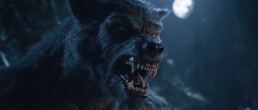 A fierce werewolf in a dark forest setting.