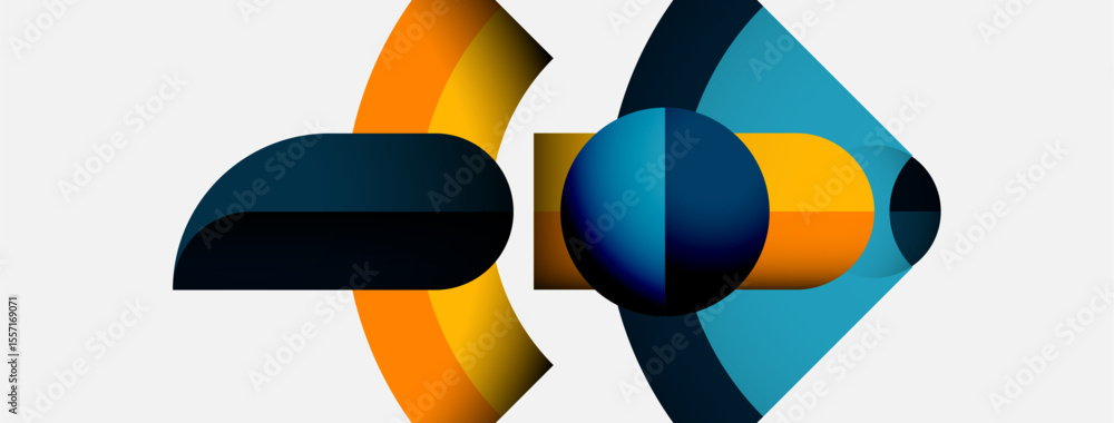 Poster abstract geometric shapes overlap. blue, orange, teal hues create dynamic composition. minimalist de