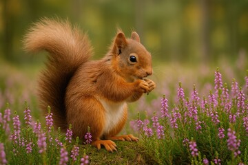 Fototapeta premium Red Squirrel enjoying a meal amidst vibrant purple heather in a scenic national park
