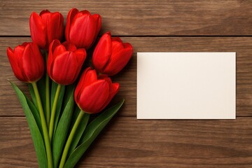 Fototapeta premium Bright red tulips displayed on rustic wood, perfect for a greeting card with space for your message