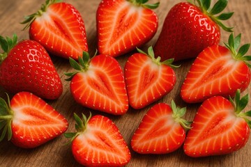 Close-up of sliced ripe strawberries on a wooden surface