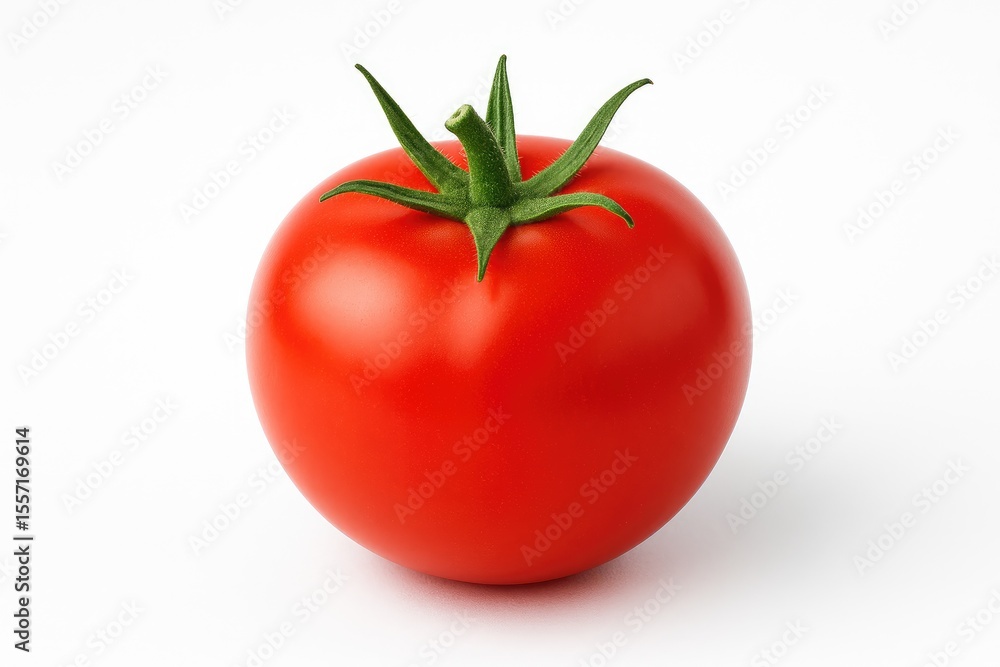 Poster vivid red tomato displayed on a plain white backdrop, emphasizing fresh produce and farming themes. 