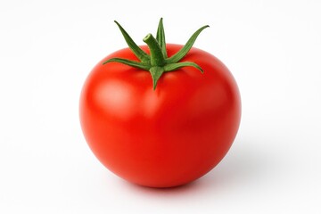 Vivid red tomato displayed on a plain white backdrop, emphasizing fresh produce and farming themes. Space for custom message.