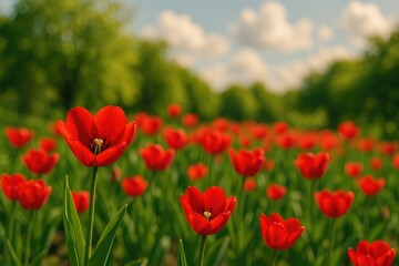 Fototapeta premium Vibrant red tulips flourishing in a lush garden scene, showcasing the beauty of nature during springtime celebrations.