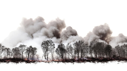Forest fire smoke rising over burned trees.
