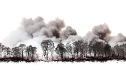 Forest fire smoke rising over burned trees.