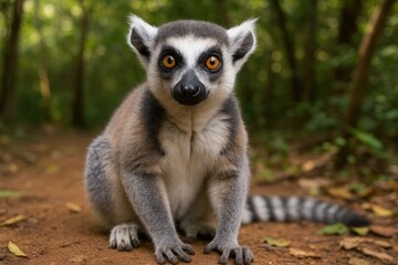 Fototapeta premium Adorable ring-tailed gray lemur in its natural habitat within a secluded reserve. Up-close shot of this charming small primate. Playful and cute wild animal.