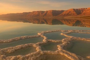 Printed kitchen splashbacks Sunrise over the rugged mountains reflected in a salty sea with mineral deposits