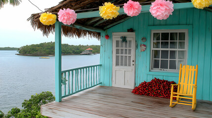 Idyllic waterfront cottage adorned with festive decorations offers tranquil retreat
