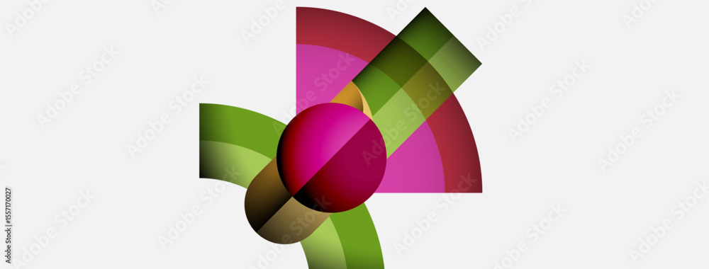 Poster abstract design features overlapping colorful shapes. pink, green, brown hues create dynamic composi