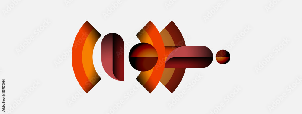 Poster Abstract graphic design features layered orange shapes resembling curved lines, dots, plus simple arrow. Minimalist style, white background.
