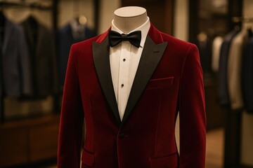 Shop mannequins showcasing a luxurious red velvet tuxedo ensemble