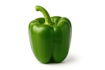 Fresh green bell pepper displayed on a plain white surface
