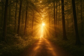 Morning sunlight filters through a dense woodland trail, showcasing vibrant natural hues and high contrast, with an inviting path toward the illuminated horizon.