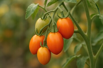 Freshly picked tomatoes hanging from a vine