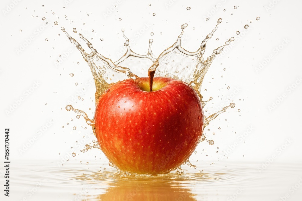 Poster juicy apple dropping into a pool, creating splashes everywhere.