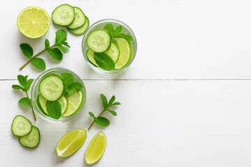 Cooling beverages with cucumber, lime, and mint on a rustic white table â€“ detox theme from a top-down perspective