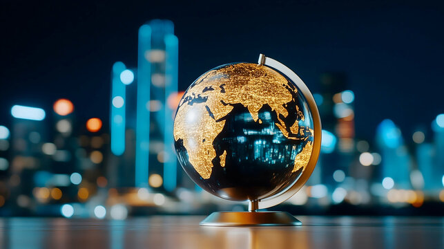 Illuminated globe on desk, cityscape background, global connections - Powered by Adobe