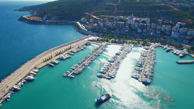 Aerial top view luxury White Yacht, boats parking in mediterranean sea pier, Travel cruise in Finike Turkey