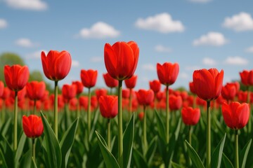 Obraz premium Bouquet of vibrant red tulips against a natural setting