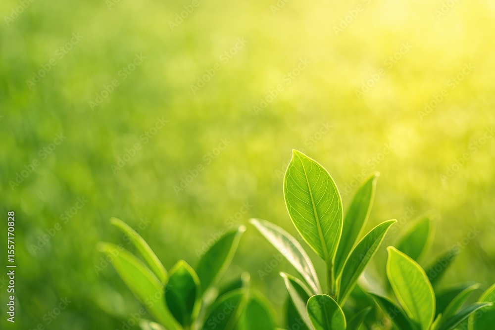 Poster detailed shot of a leaf in a lush garden during dawn with ample space for text