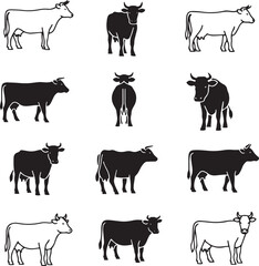Cow and Bull Silhouette Icon Set for Farm and Butcher Logos