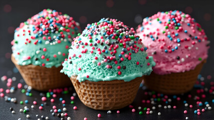 Delicious ice cream scoops in crispy waffle cones, adorned with vibrant sprinkles