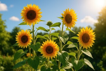Fototapeta premium A vibrant garden scene featuring a cluster of blooming decorative sunflowers basking in sunlight
