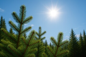Lush pine foliage set against a clear blue sky with a radiant sun