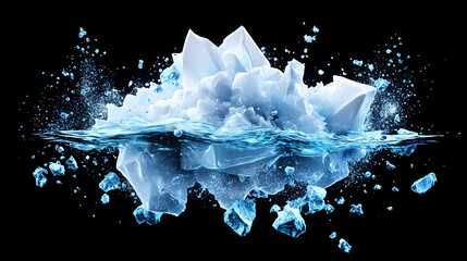 Obraz premium Melting iceberg, underwater, black background, climate change