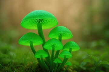 Close-up of vibrant fungi with luminous green accents amidst a blurred tropical woodland backdrop