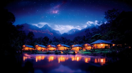 Fototapeta premium Nighttime mountain resort lake reflection starscape