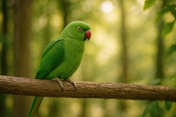 Vibrant green parrot perched on a wooden branch