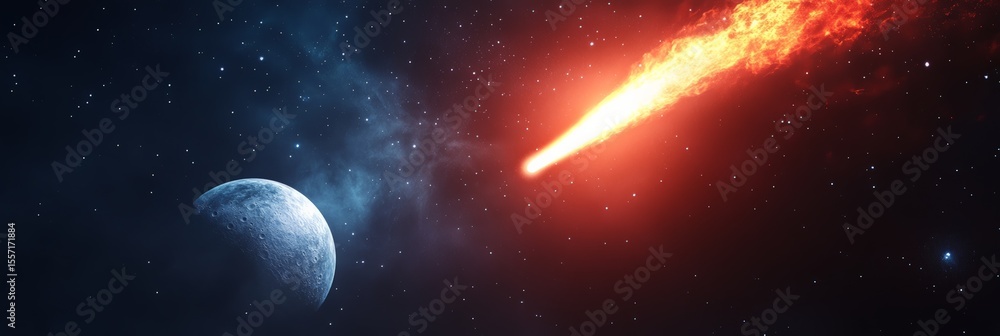 Poster Large asteroid burning brightly while entering the atmosphere of a distant planet, surrounded by a breathtaking backdrop of stars and colorful nebulas in the vastness of deep space