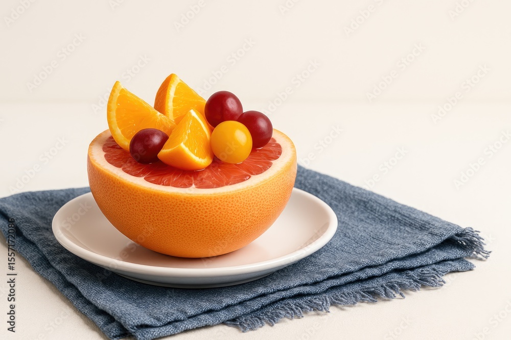 Poster fresh half-cut grapefruit and assorted fruit slices arranged on a white plate with kitchen cloths in