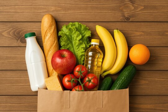 Variety of groceries in paper bags on wooden surface - flat lay concept