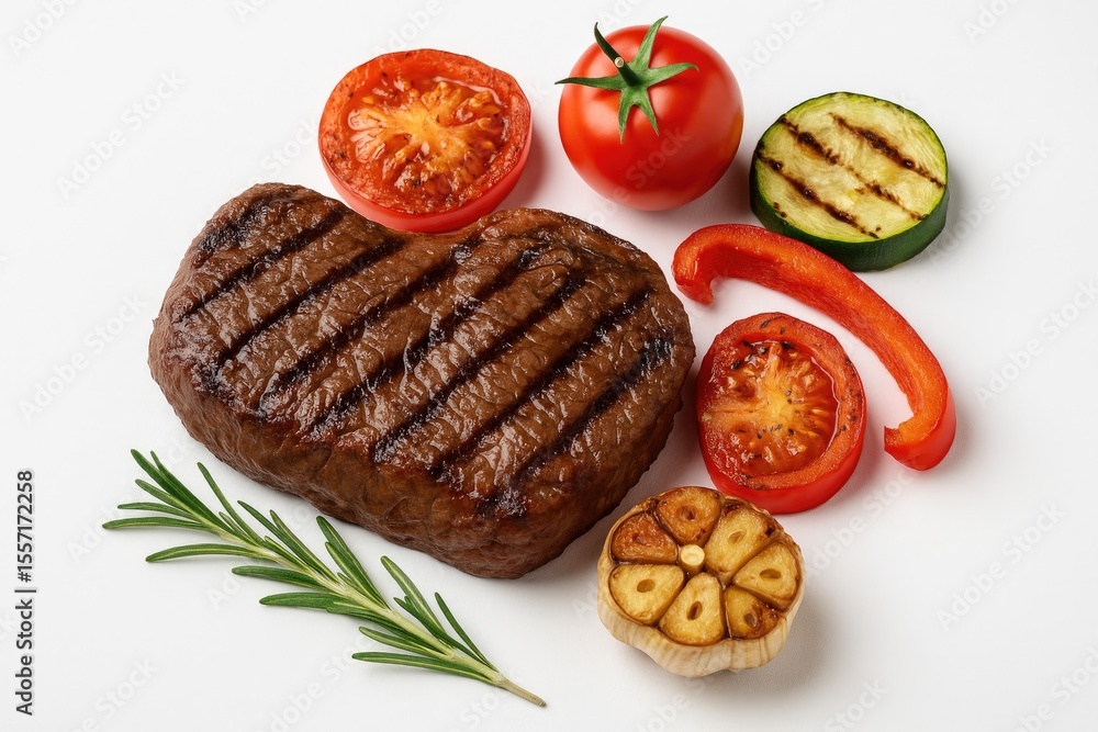 Poster cooked beef fillet with assorted vegetables on a plain white surface