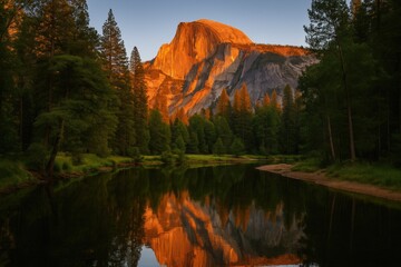 Reflections of Half Dome on the Merced River in a famous national park