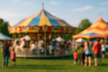 Fototapeta premium Vibrant carnival scene with colorful carousel and lively tents against a sunny sky, featuring families and lush green grass with a blurred background.