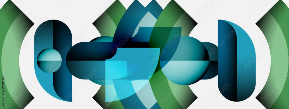 Aufkleber Abstract geometric composition. Overlapping shapes create dynamic visual effect. Blues, greens dominate palette. Modern design.