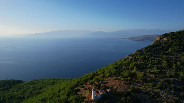 Gelidonya lighthouse Lycian Way in Antalya, Turkey Aerial top view. Concept beautiful summer landscape at sunset from drone