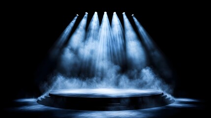 Blue stage lights illuminate empty circular platform, smoky backdrop, product display