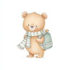 Fototapeta premium Adorable Bear Cub Ready for School, Wearing Scarf and Backpack. Watercolor Illustration