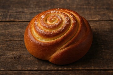 Fototapeta premium Delicious soft bread roll placed on a vintage wooden surface with a blurred background.