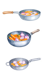 Three cooking pans with vibrant vegetables ready to be prepared for a healthy meal.
