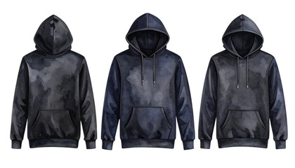 Three stylish hoodies with unique dark watercolor patterns for modern fashion trends.