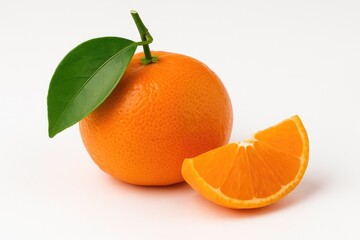 Juicy fresh tangerine with leaf and slice on a plain white backdrop