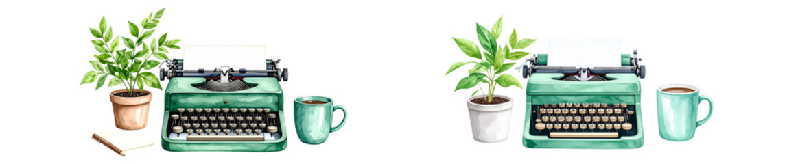 Vintage typewriter paired with a plant and coffee cup, evoking creativity and nostalgia.