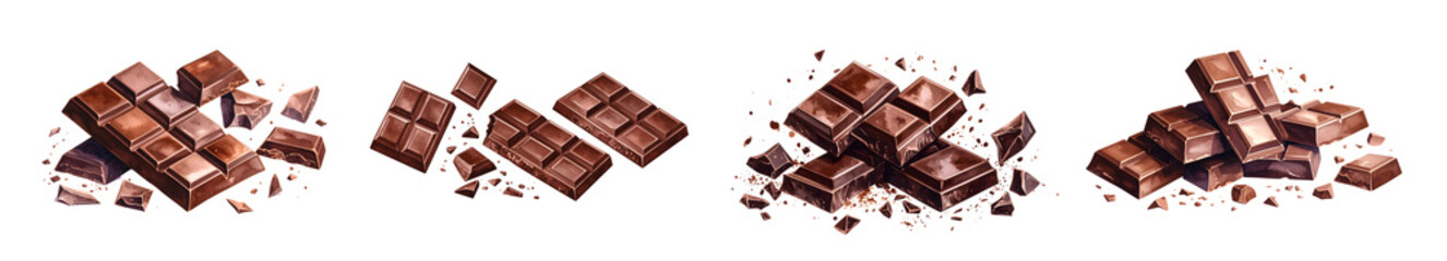 Variety of dark chocolate pieces arranged neatly for culinary use or confectionery.