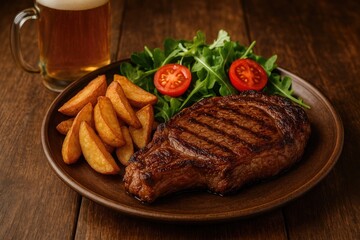 Juicy grilled steak served with crispy fries and fresh salad on a rustic wooden surface